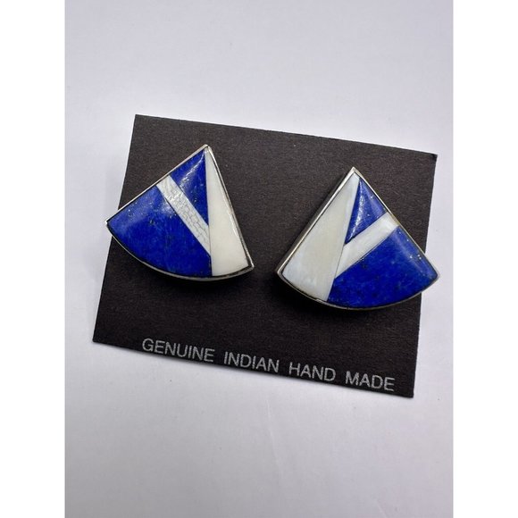 Vintage PETER VAJDA Southwest NM STERLING SILVER EARRINGS Blue Lapis MOP Inlay - Picture 1 of 9